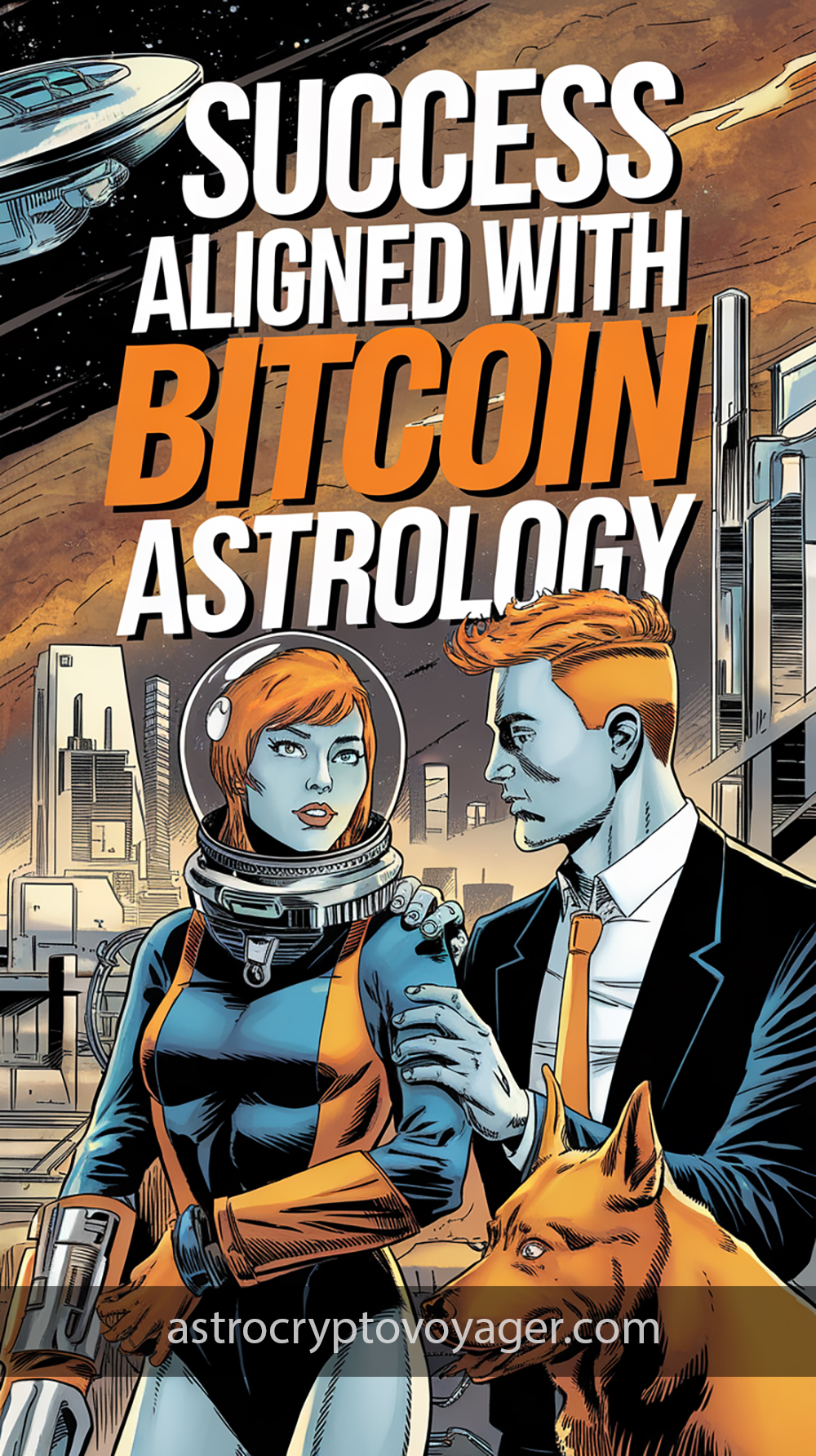 Comic book style, black and white with orange accents: Text on the image: "Success Aligned with Bitcoin Astrology"